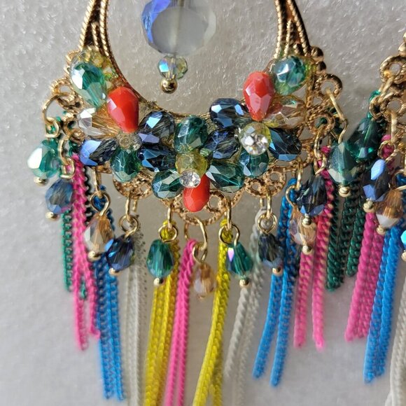 Colourful Crystals Long Tassel Earrings - Picture 2 of 7